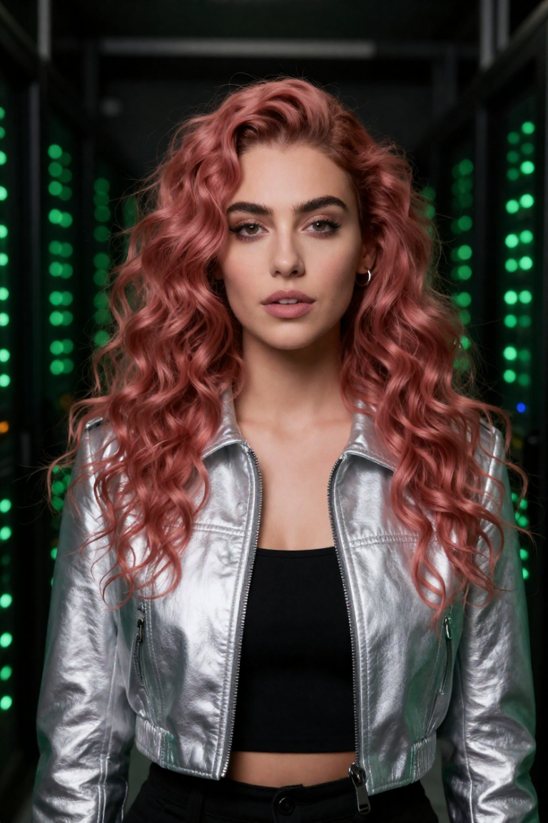 Layer2Guide studio portrait: a fictional adult woman with long dusty-rose curls and a silver cropped jacket in a data-centre corridor lit by green rack lights